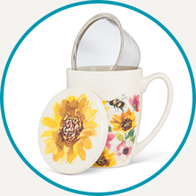 Load image into Gallery viewer, Sunflowers &amp; Bees Covered Mug &amp; Strainer
