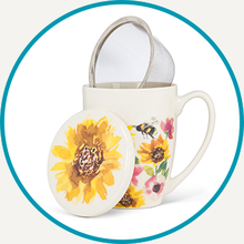 Load image into Gallery viewer, Sunflowers & Bees Covered Mug & Strainer