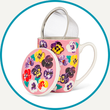 Load image into Gallery viewer, Pansies Covered Mug &amp; Strainer
